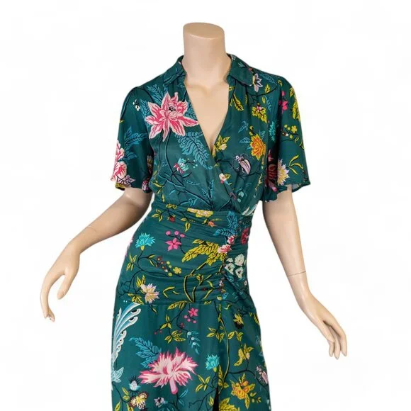 SOLD * MAEVE ANTHROPOLOGIE Emerald Green Floral Bird Butterfly Dress - Picture 3 of 17
